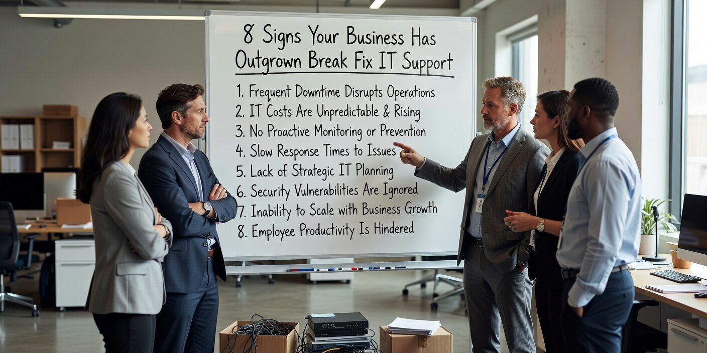 8 Signs Your Business Has Outgrown Break Fix IT Support Featured Image Discover 8 warning signs your growing business has outgrown break-fix IT support and needs proactive managed services for better security and uptime.