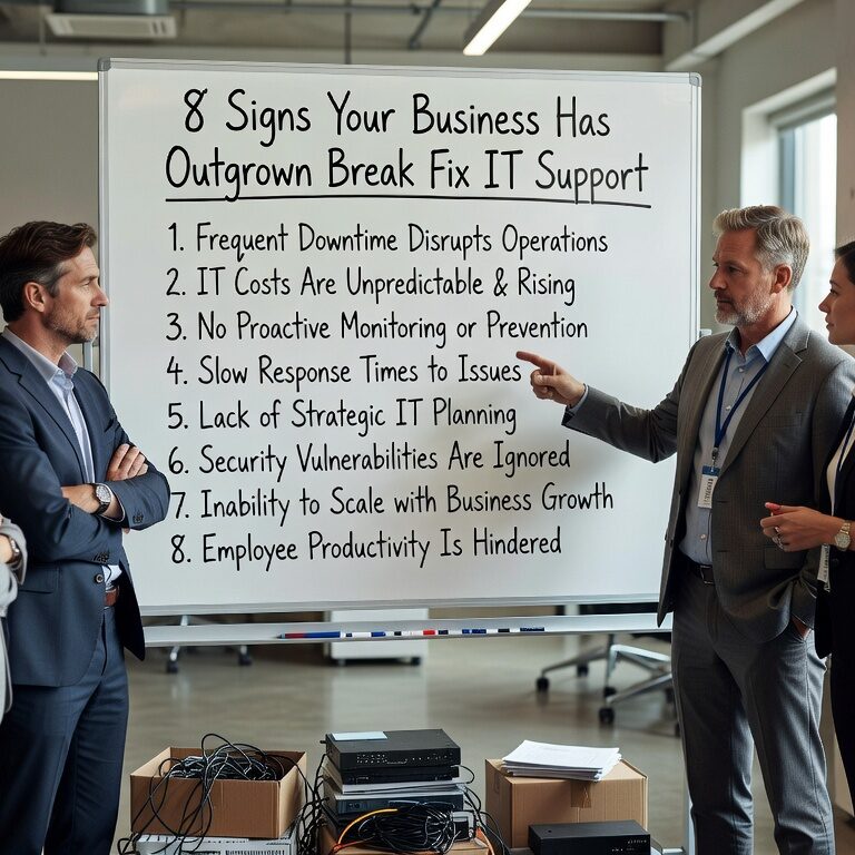 8 Signs Your Business Has Outgrown Break Fix IT Support Featured Image Discover 8 warning signs your growing business has outgrown break-fix IT support and needs proactive managed services for better security and uptime.