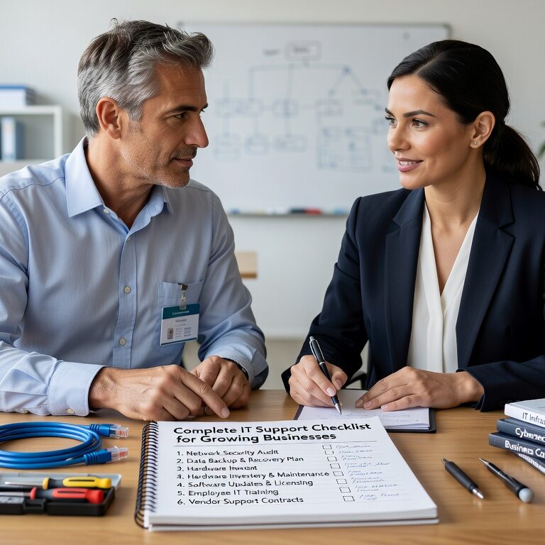 Essential IT support checklist for growing businesses. Learn network setup, security basics, backup verification, and support processes to ensure reliable technology.