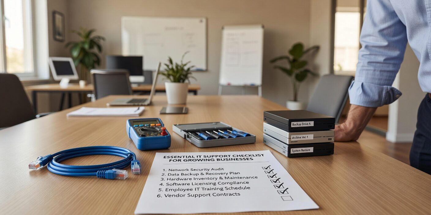 Essential IT Support Checklist for Growing Businesses Featured Image Essential IT support checklist covering help desk processes, network monitoring, security assessments, backup verification, and vendor management for growing businesses.