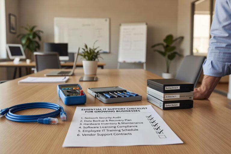 Essential IT support checklist covering help desk processes, network monitoring, security assessments, backup verification, and vendor management for growing businesses.