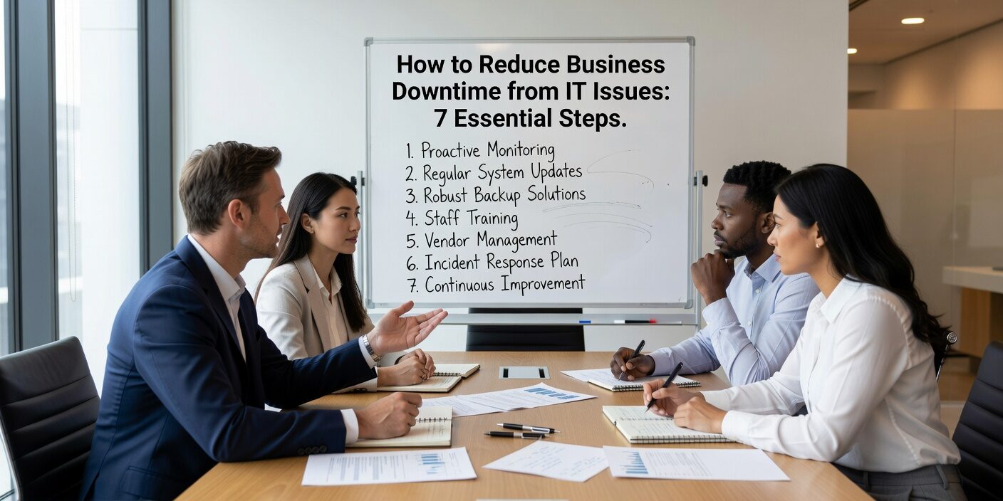 Learn 7 essential steps to reduce business downtime from IT issues. Practical strategies for monitoring, maintenance, backups, and incident prevention.