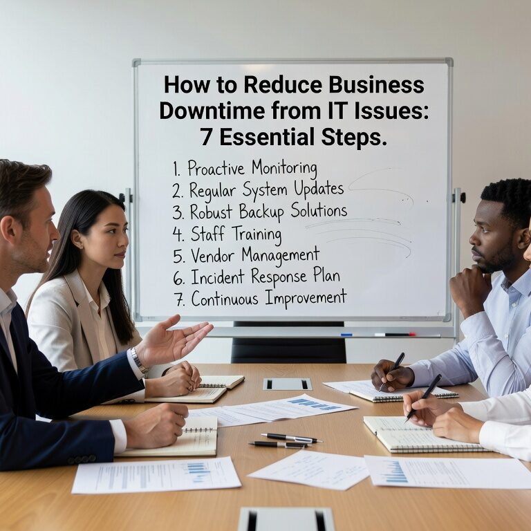 Learn 7 essential steps to reduce business downtime from IT issues. Practical strategies for monitoring, maintenance, backups, and incident prevention.