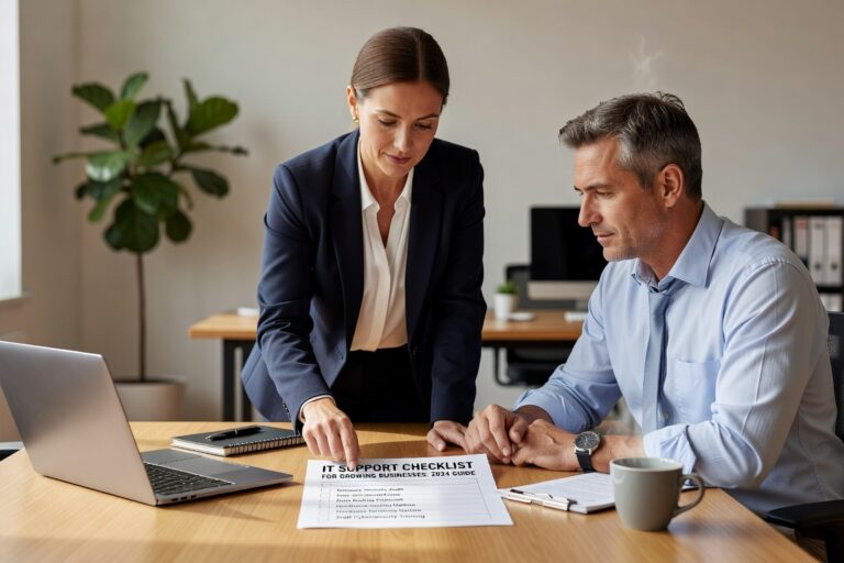 Essential IT support checklist for growing businesses in 2024. Covers infrastructure, cybersecurity, backup, help desk, and scalability planning.