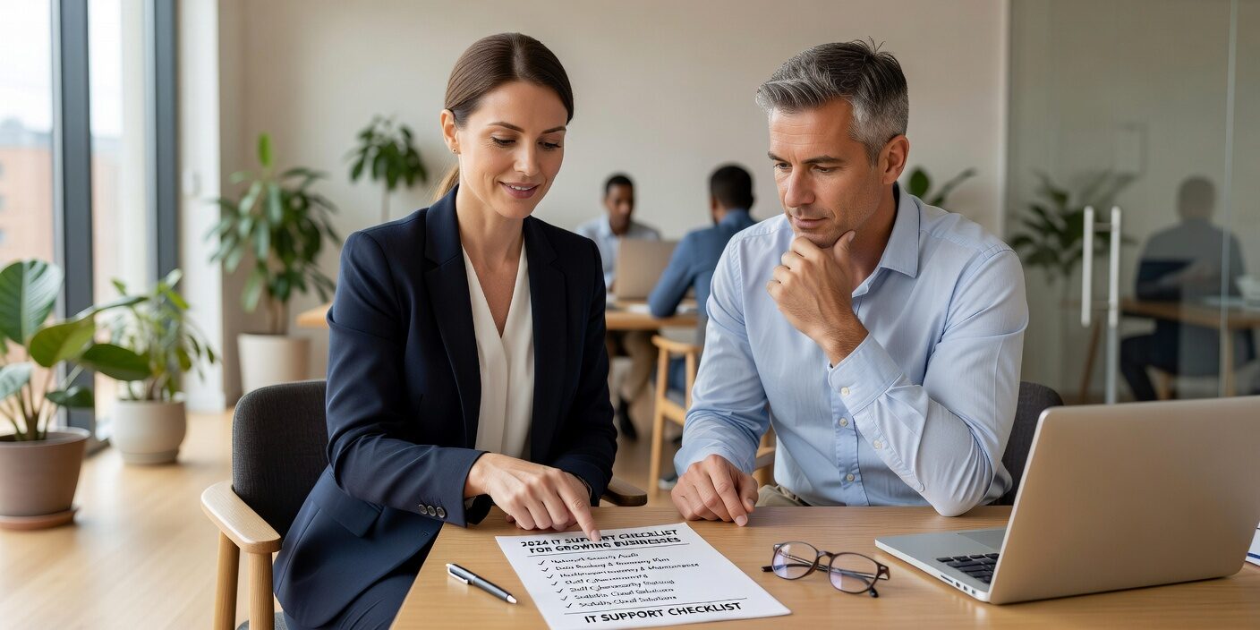 Essential IT support checklist for growing businesses covering infrastructure, security, monitoring, and planning for sustainable technology growth.