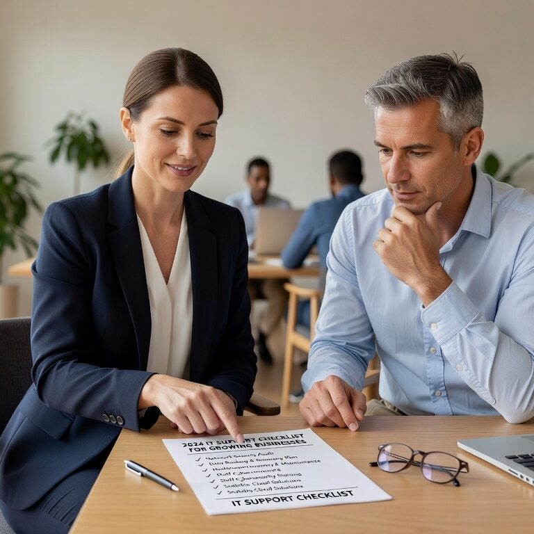 Essential IT support checklist for growing businesses covering infrastructure, security, monitoring, and planning for sustainable technology growth.