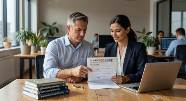 Essential IT support checklist for growing businesses. Learn infrastructure requirements, help desk standards, security frameworks, and backup procedures for reliable operations.