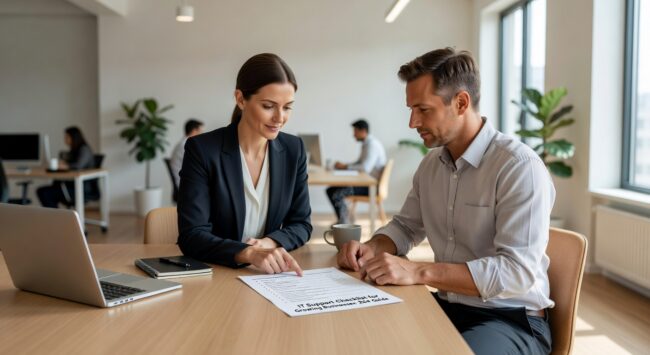 Essential IT support checklist for growing businesses covering security, backup, help desk processes, and infrastructure requirements to prevent downtime.