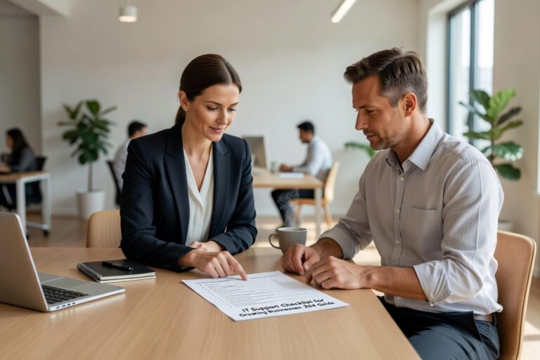 Essential IT support checklist for growing businesses covering security, backup, help desk processes, and infrastructure requirements to prevent downtime.