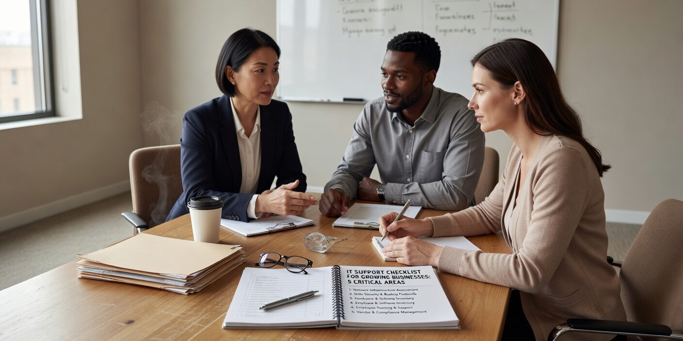 IT Support Checklist for Growing Businesses: 5 Critical Areas Featured Image Essential IT support checklist for growing businesses covering network infrastructure, security, backup systems, help desk support and technology planning.