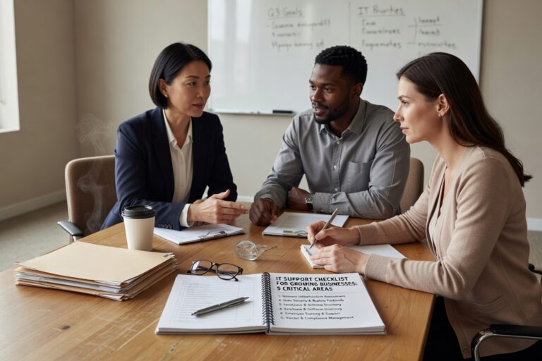 IT Support Checklist for Growing Businesses: 5 Critical Areas Featured Image Essential IT support checklist for growing businesses covering network infrastructure, security, backup systems, help desk support and technology planning.