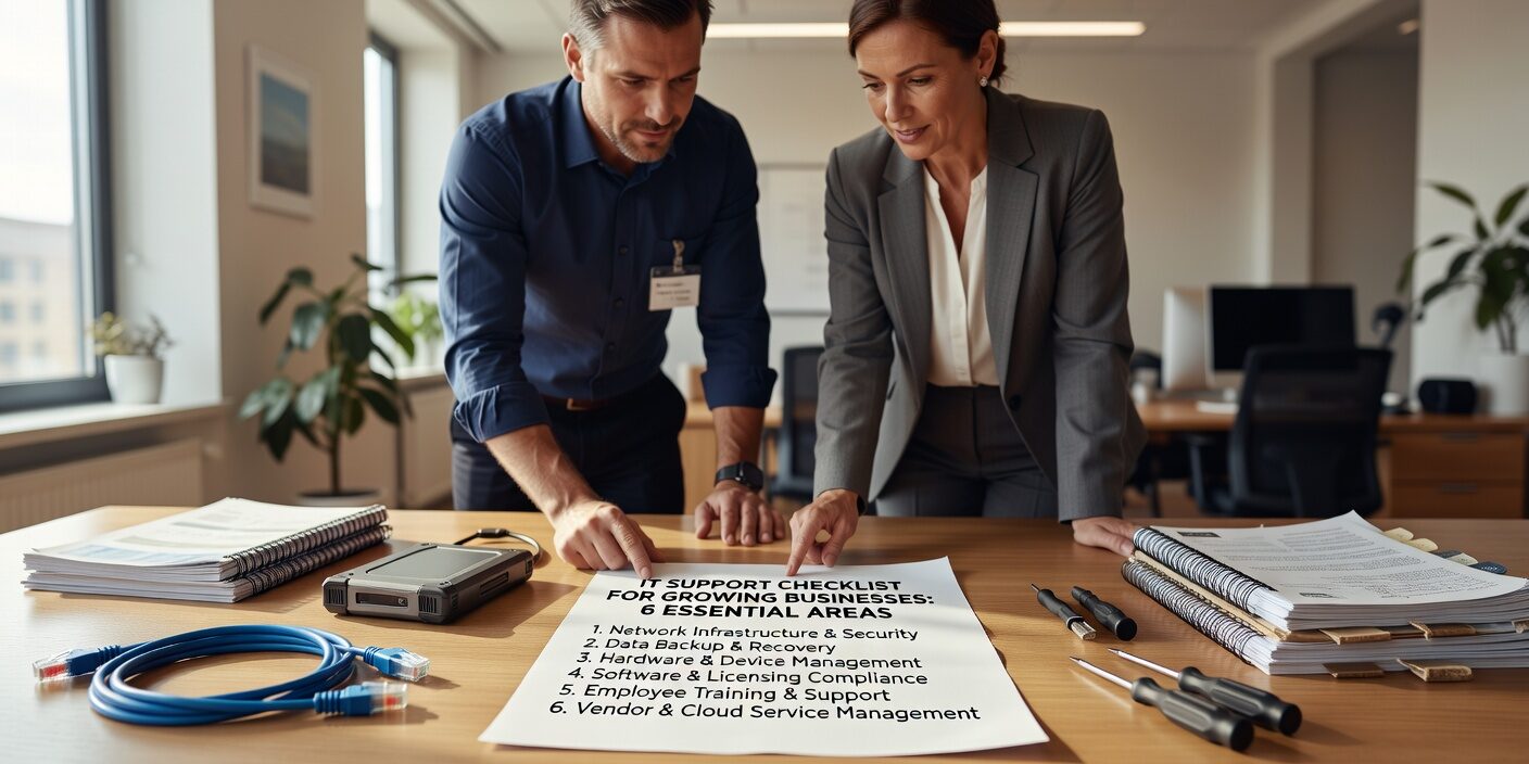 Essential IT support checklist covering infrastructure, help desk protocols, monitoring, cybersecurity, backups, and planning for growing businesses.
