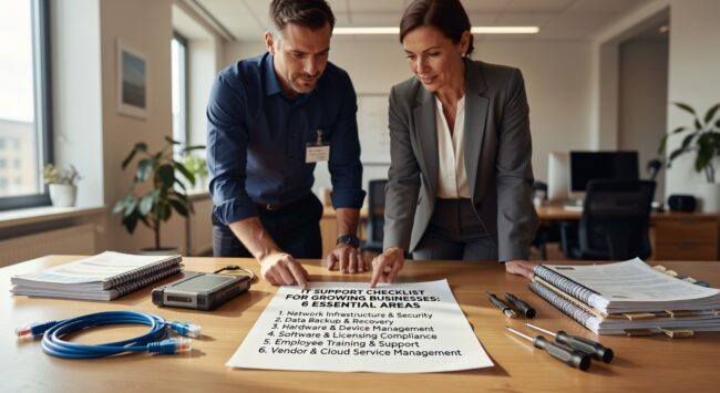 Essential IT support checklist covering infrastructure, help desk protocols, monitoring, cybersecurity, backups, and planning for growing businesses.