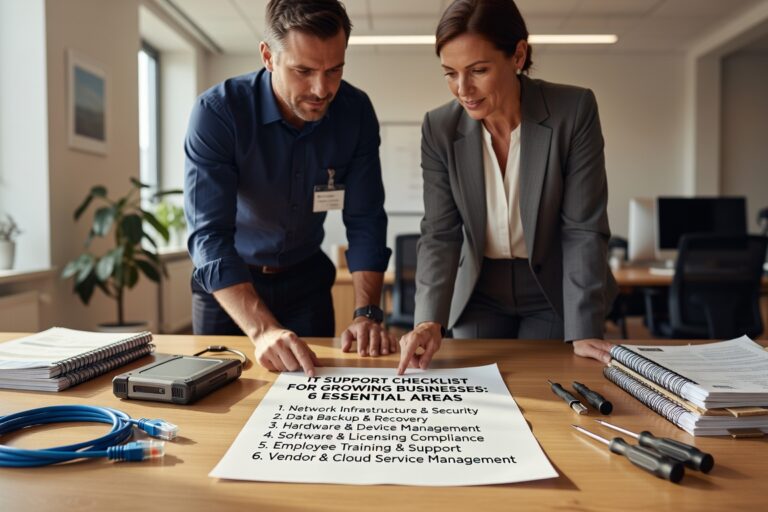 IT Support Checklist for Growing Businesses: 6 Essential Areas Featured Image Essential IT support checklist covering infrastructure, help desk protocols, monitoring, cybersecurity, backups, and planning for growing businesses.