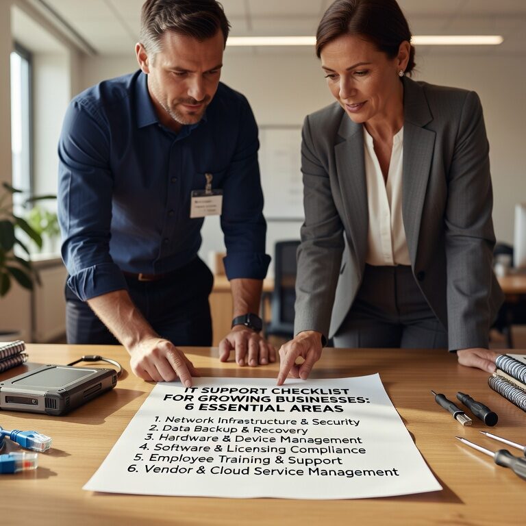 Essential IT support checklist covering infrastructure, help desk protocols, monitoring, cybersecurity, backups, and planning for growing businesses.