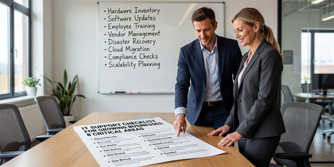 IT Support Checklist for Growing Businesses: 8 Critical Areas Featured Image Essential IT support checklist for growing businesses. Learn key requirements for network security, backup testing, help desk setup, and proactive monitoring.