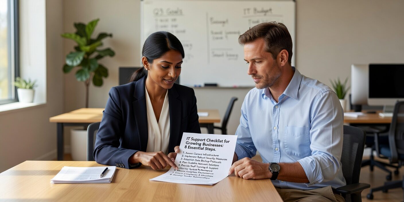 Essential IT support checklist for growing businesses. Covers network monitoring, help desk, security assessments, backup testing, vendor management.