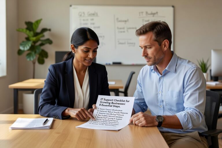 IT Support Checklist for Growing Businesses: 8 Essential Steps Featured Image Essential IT support checklist for growing businesses. Covers network monitoring, help desk, security assessments, backup testing, vendor management.