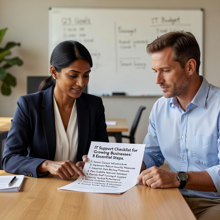 Essential IT support checklist for growing businesses. Covers network monitoring, help desk, security assessments, backup testing, vendor management.