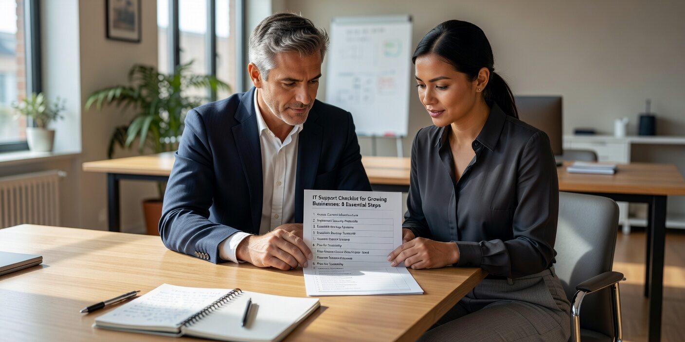 Essential IT support checklist for growing businesses. Learn 8 key steps for cybersecurity, backup planning, network reliability, and technology scaling.