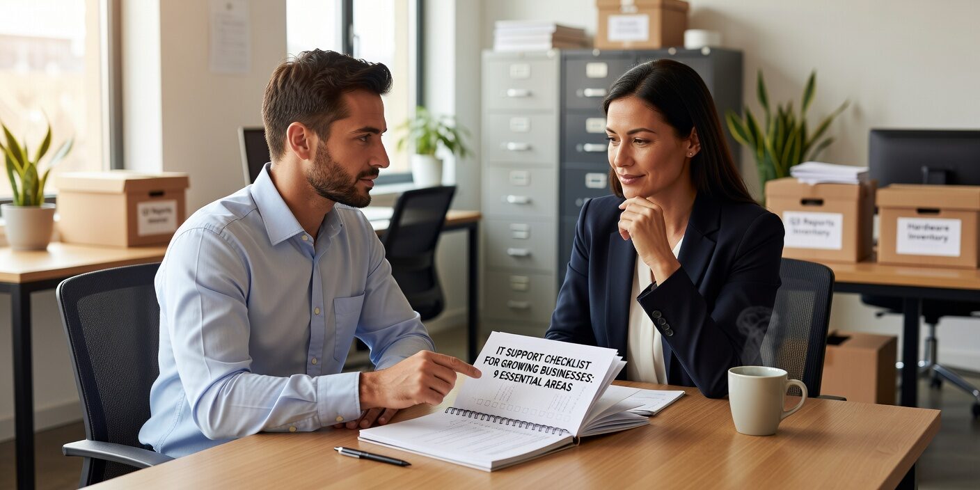 IT Support Checklist for Growing Businesses: 9 Essential Areas Featured Image Essential IT support checklist for growing businesses covering help desk standards, security protocols, backup verification, and maintenance procedures.
