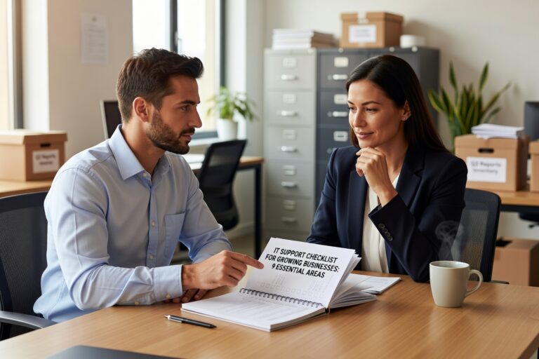 Essential IT support checklist for growing businesses covering help desk standards, security protocols, backup verification, and maintenance procedures.