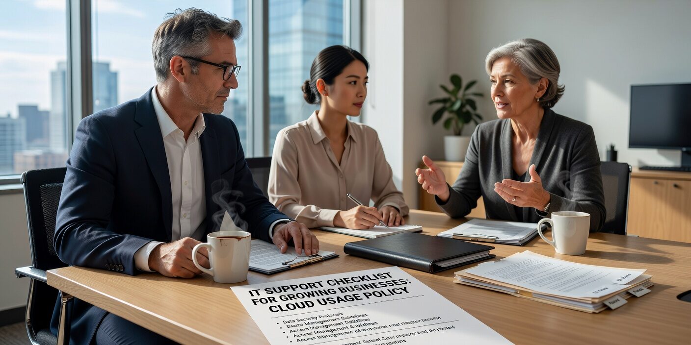 IT Support Checklist for Growing Businesses: Cloud Usage Policy Featured Image Essential cloud usage policy components for growing businesses. Learn data classification, security requirements, compliance considerations, and practical implementation strategies.