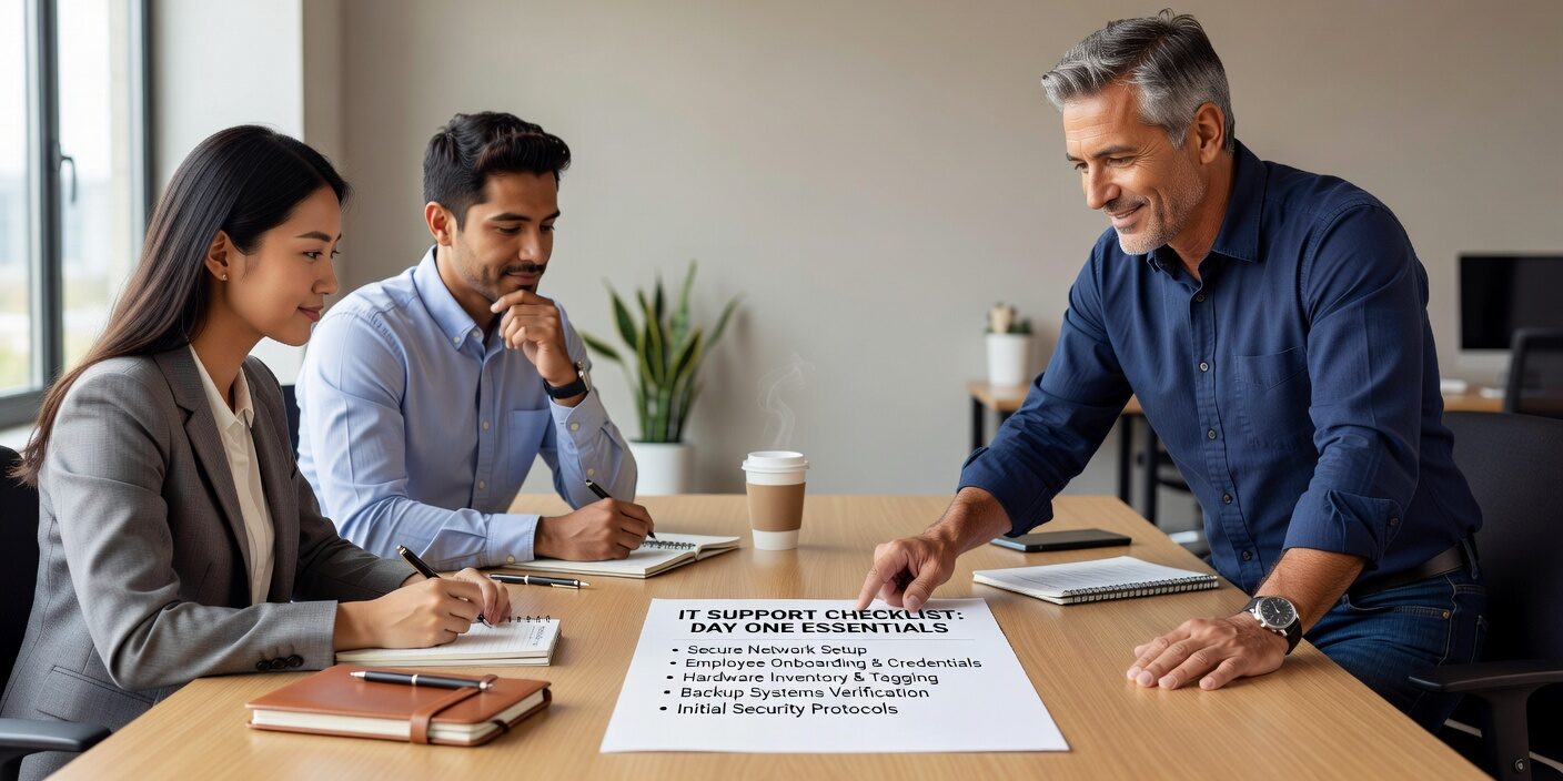 IT Support Checklist for Growing Businesses: Day One Essentials Featured Image Essential IT onboarding checklist for growing businesses. Learn how to prepare secure access, configure devices, and create productive day-one experiences.
