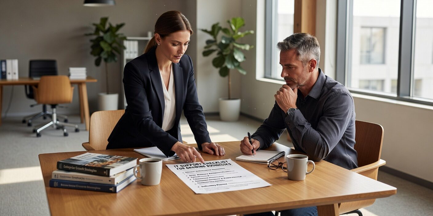 IT Support Checklist for Growing Businesses: Essential Areas to Track Featured Image Essential IT support checklist for growing businesses covering security, backup, monitoring, user management, and strategic planning for operational success.