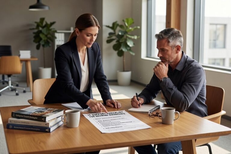 Essential IT support checklist for growing businesses covering security, backup, monitoring, user management, and strategic planning for operational success.