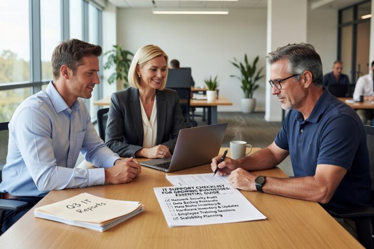 Essential IT support checklist for growing businesses. Covers monitoring, security, backups, help desk operations, and technology planning to support business growth.