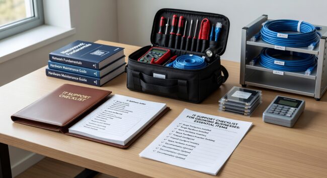 Essential IT support checklist for growing businesses. Covers network, security, backup, support processes, and planning for sustainable growth.