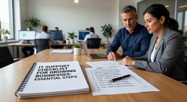 Essential IT support checklist for growing businesses. Covers proactive monitoring, security protocols, backup strategies, and help desk requirements for scalable operations.