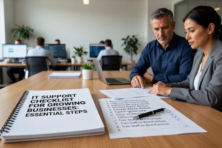 Essential IT support checklist for growing businesses. Covers proactive monitoring, security protocols, backup strategies, and help desk requirements for scalable operations.