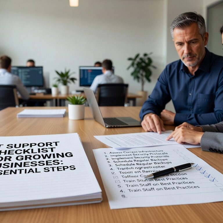 Essential IT support checklist for growing businesses. Covers proactive monitoring, security protocols, backup strategies, and help desk requirements for scalable operations.