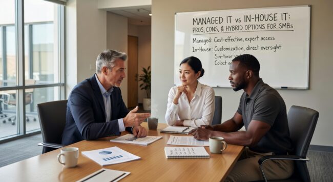 Managed IT vs In-House IT: Pros, Cons, and Hybrid Options for SMBs Featured Image Compare managed IT services vs in-house IT teams for small businesses. Learn about costs, benefits, and hybrid options to make the best choice for your company.