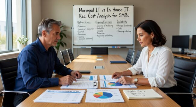 Managed IT vs In House IT: Real Cost Analysis for SMBs Featured Image Compare managed IT vs in house IT costs and efficiency for small businesses. Get real numbers, hidden costs, and decision factors to choose the right approach.