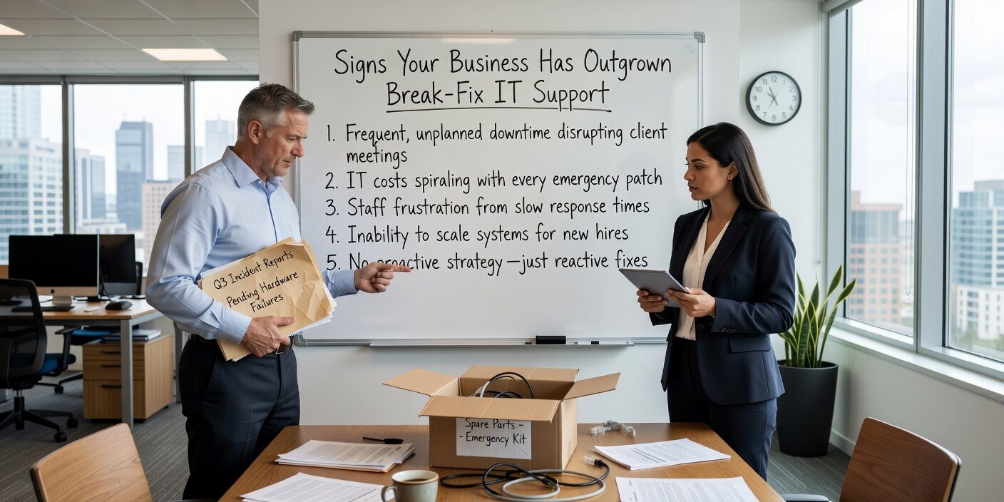 Signs Your Business Has Outgrown Break Fix IT Support Featured Image Learn the warning signs that your business has outgrown break-fix IT support, from unpredictable costs to recurring downtime and security gaps.