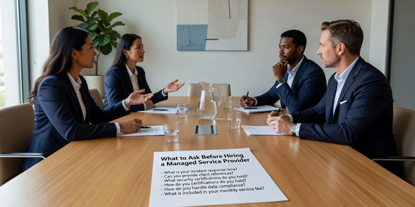 What to Ask Before Hiring a Managed Service Provider Featured Image Essential questions to ask before hiring a managed service provider. Get a comprehensive checklist to evaluate IT support, security, contracts, and onboarding processes.