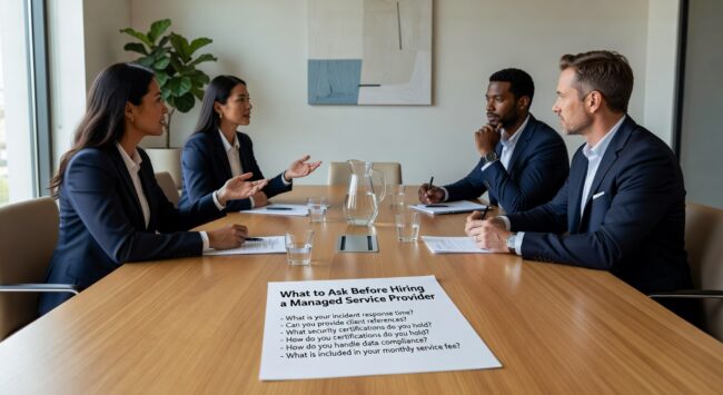 What to Ask Before Hiring a Managed Service Provider Featured Image Essential questions to ask before hiring a managed service provider. Get a comprehensive checklist to evaluate IT support, security, contracts, and onboarding processes.