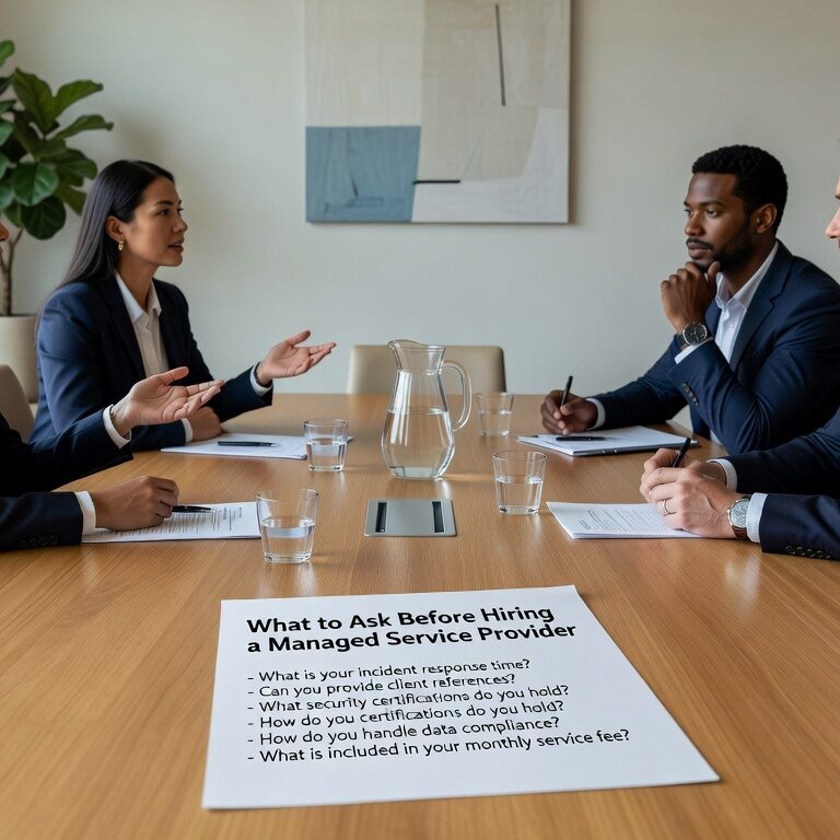 What to Ask Before Hiring a Managed Service Provider Featured Image Essential questions to ask before hiring a managed service provider. Get a comprehensive checklist to evaluate IT support, security, contracts, and onboarding processes.