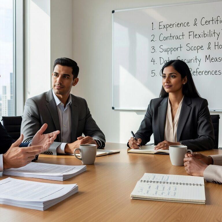 Essential questions to ask managed service providers before signing contracts. Covers scope, SLAs, security, pricing, and contract terms for business leaders.