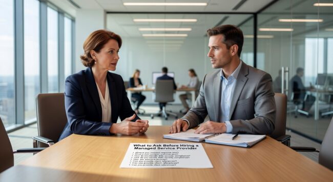 Learn the essential questions to ask when evaluating managed service providers. Get specific guidance on pricing, security, response times, and experience.