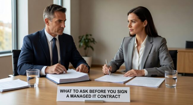 What to Ask Before You Sign a Managed IT Contract Featured Image Essential questions to ask before signing a managed IT contract. Get clear answers on service scope, security, pricing, and contract terms to avoid costly surprises.