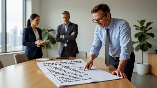 Essential IT support checklist for growing businesses. Review backup strategy, network reliability, help desk response, cybersecurity, and vendor management.
