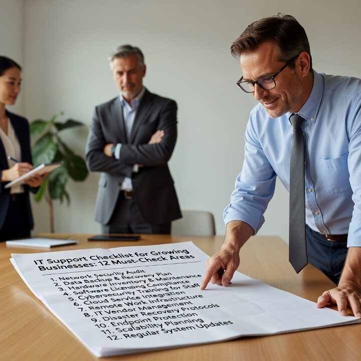 Essential IT support checklist for growing businesses. Review backup strategy, network reliability, help desk response, cybersecurity, and vendor management.