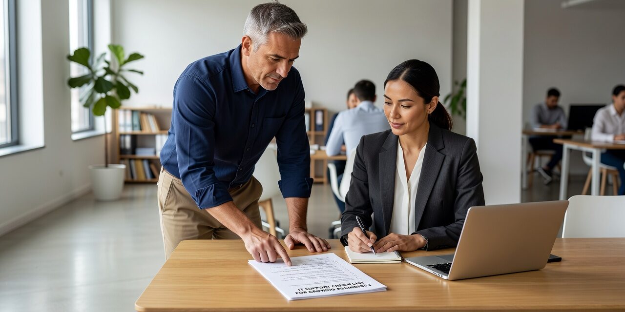 A practical IT support checklist for growing businesses covering hardware, backups, cybersecurity, help desk, and vendor management — no jargon required.
