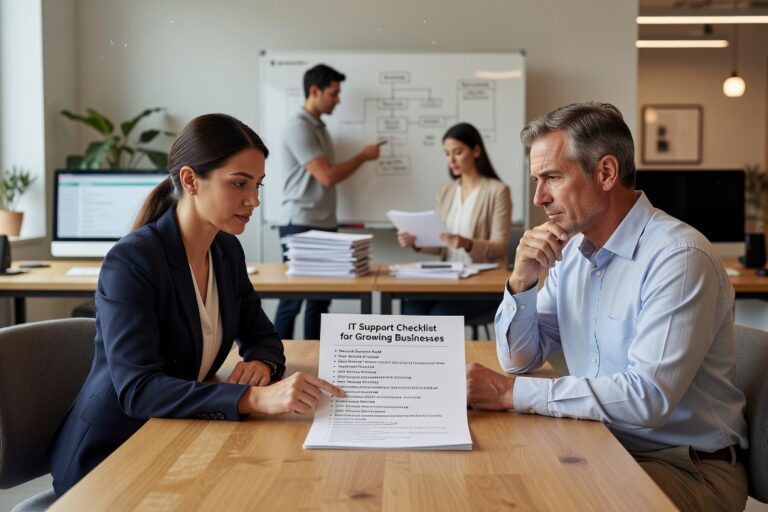 IT Support Checklist for Growing Businesses Featured Image A practical IT support checklist for growing businesses — covering help desk, security, network reliability, and technology planning in plain language.