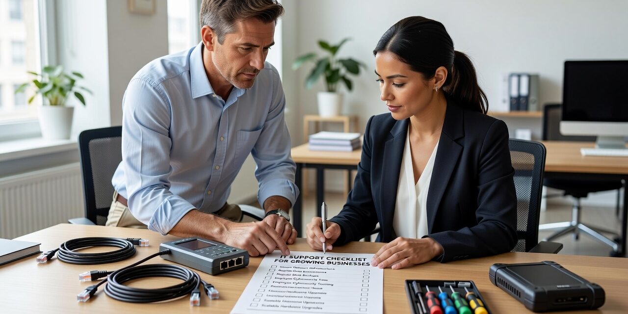 A practical IT support checklist for growing businesses covering help desk, backups, network reliability, cybersecurity, and disaster recovery planning.