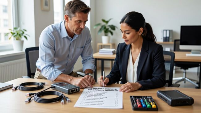 IT Support Checklist for Growing Businesses Featured Image A practical IT support checklist for growing businesses covering help desk, backups, network reliability, cybersecurity, and disaster recovery planning.
